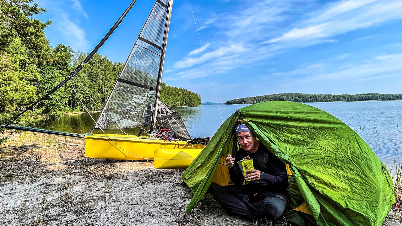 Overnight Camping with a Tiny Trimaran Boat in Finland!