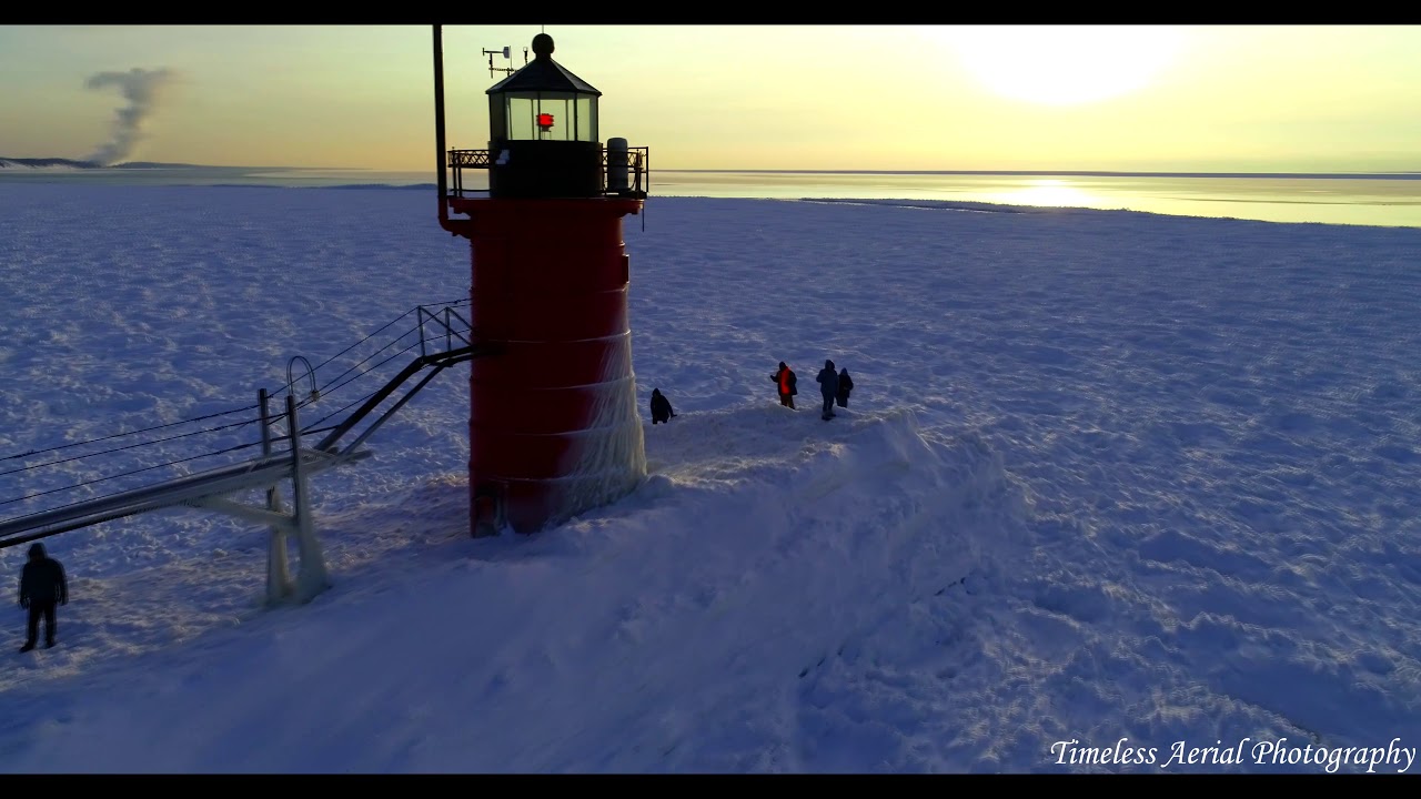 Polar Vortex South Haven Lighthouse Must see! Pure Michigan Travel 4K Drone footage extended cut