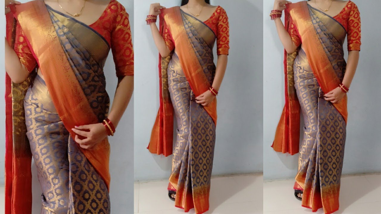 कड़क fabric की साडी कैसे पहनें।Stomach ka portion kaise hide kare/Silk saree wearing wd simple way.