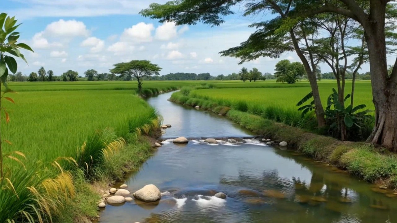 Relaxing River Sounds Flowing Through Rice Fields | Natural ASMR for Deep Sleep & Stress Relief