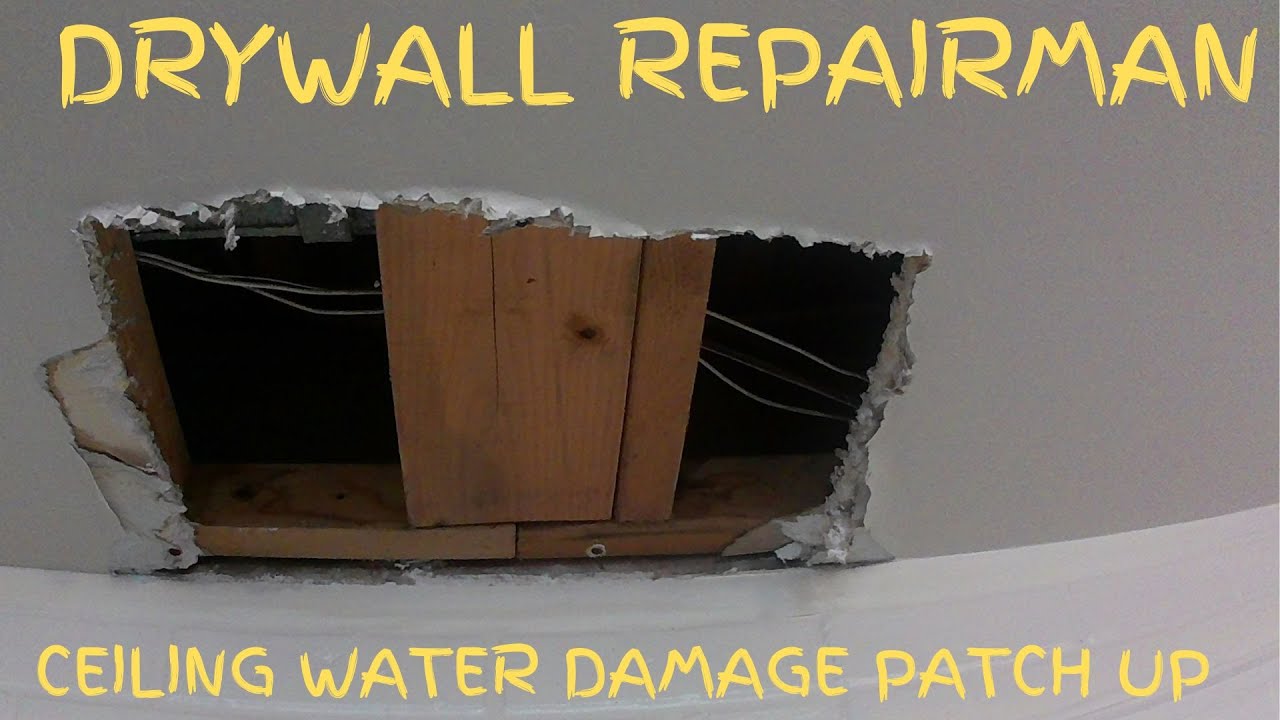 process of easy drywall repair, focusing on patching water-damaged ceiling sheetrock