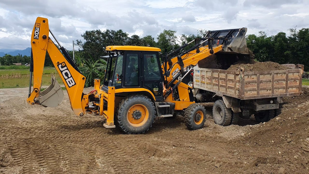 JCB Backhoe Machine Loading Gravel in Dump Truck - JCB Working on Sandy Place - Part 8