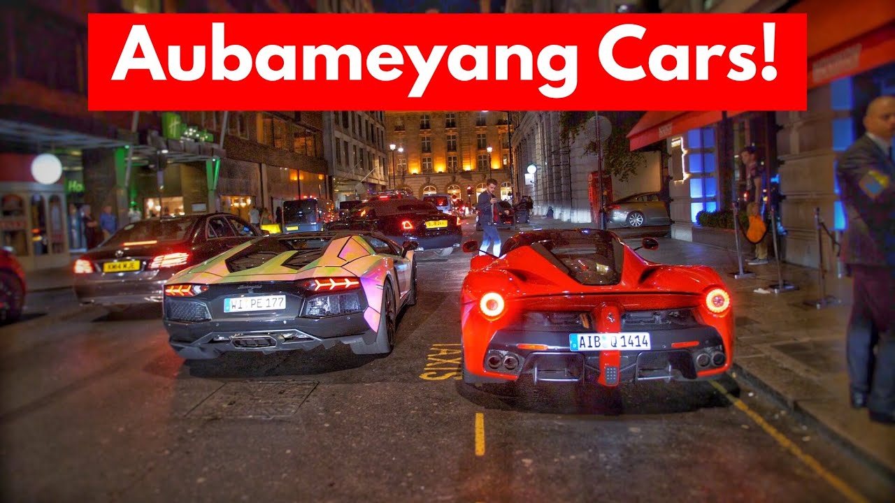 Aubameyang's  £3 Million LaFerrari and wrapped Lamborghini Aventador leaving Novikov restaurant
