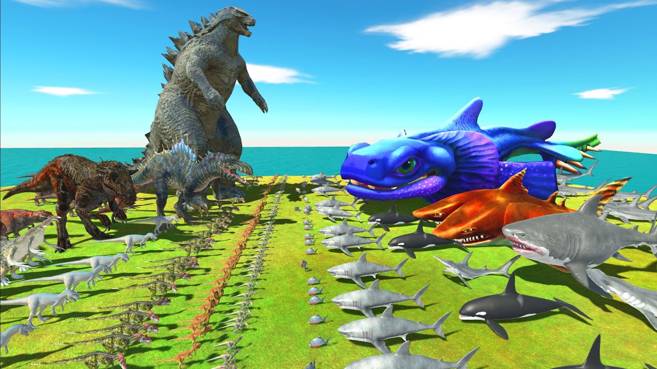 Dinosaurs revolt battle with Godzilla 2014 VS Team Frilled Shark - Animal Revolt Battle Simulator