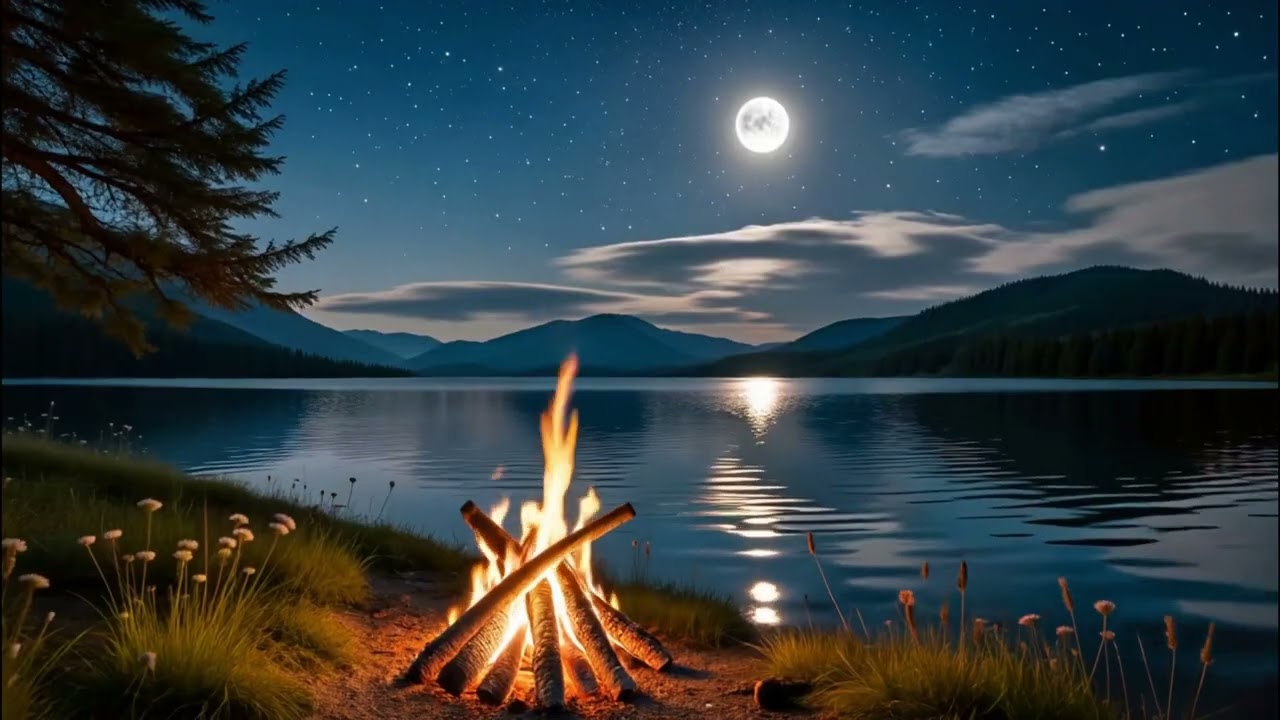 Calming Campfire by the Lake at Night with Soft Crackling Fire Sounds