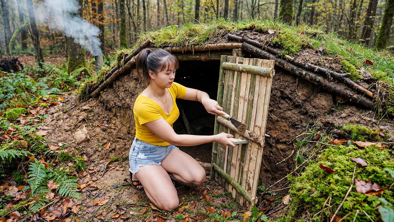 Building complete and warm survival shelter, Fire stove with chimney - Bushcraft earth hut