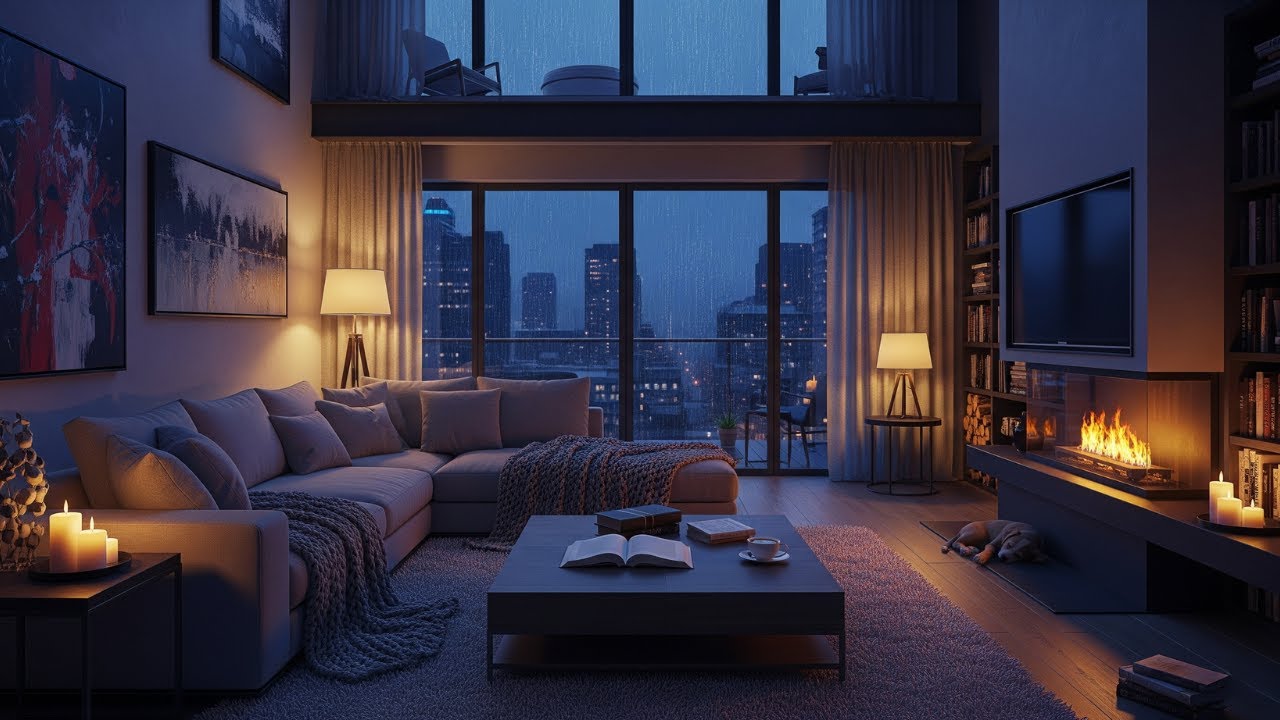 10 Hours of Rainy Night in a Cozy City Loft | Fireplace, Rain Sounds & Sleeping Dog 🐶🔥