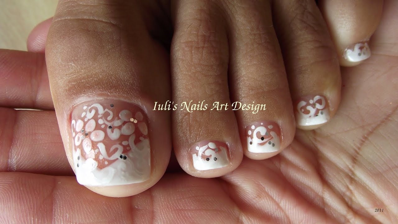 Wedding Toe Nail Art Design White on White French pedicure art design