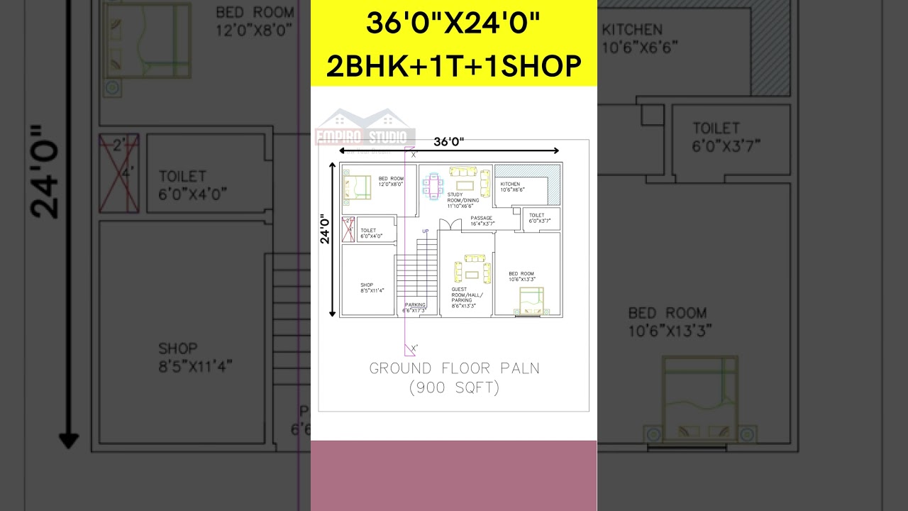 2 bedroom house plan with one shop in 900 sqft, 36x24 feet home design #shorts #homedesign #homeplan