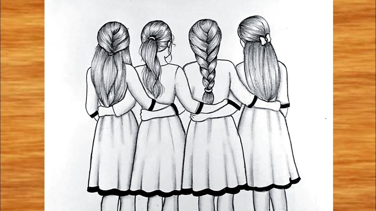 Four friends Drawing || Girl best- Friend Drawing easy with pencil || drawing bff ||  best friends 