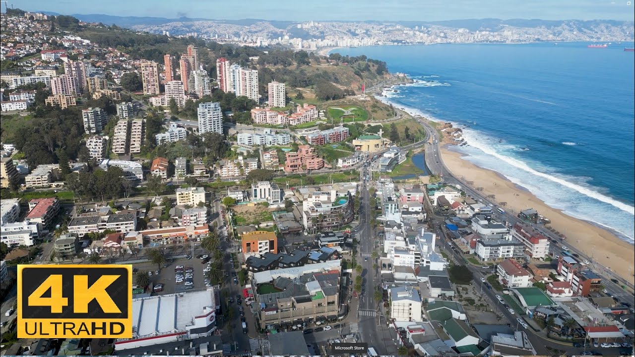 Sunny Day at Reñaca Beach in 4K 🌞 | Aerial Drone Tour of Chile’s Coast 🇨🇱🚁