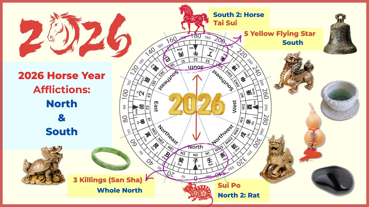 2026 Feng Shui cures for North and South - Tai Sui (yearly god), 5 Yellow, 3 Killings, Year Breaker