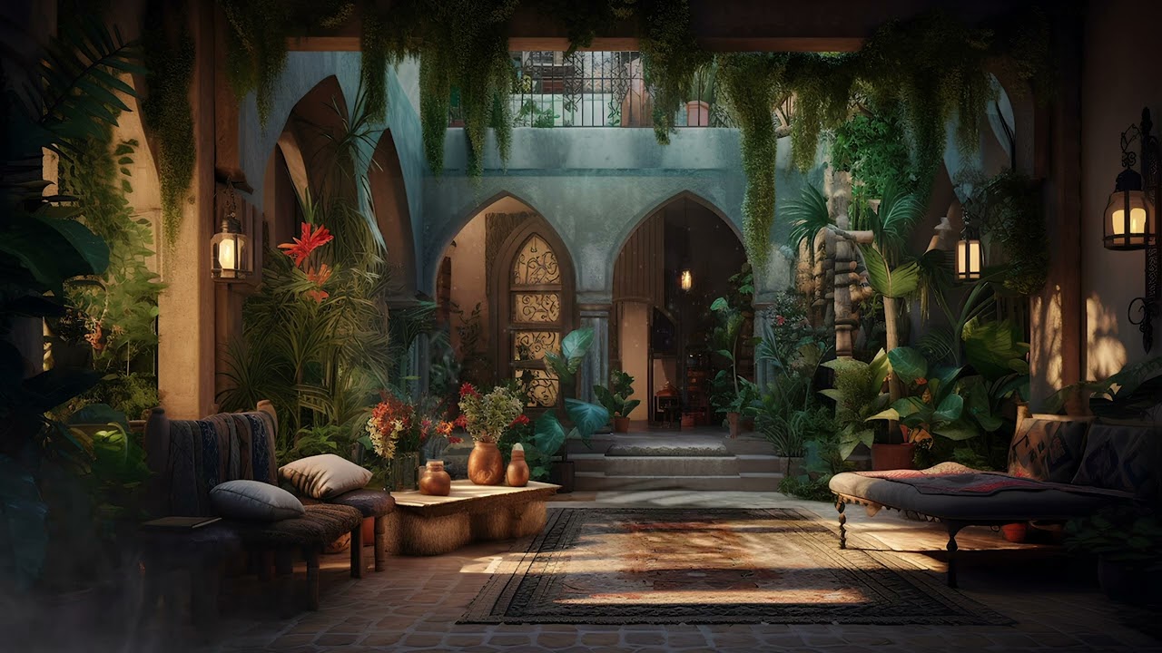 Moroccan Ambience ASMR Incense Beautiful Courtyard Video Meditation Night ASMR sounds 4k Background