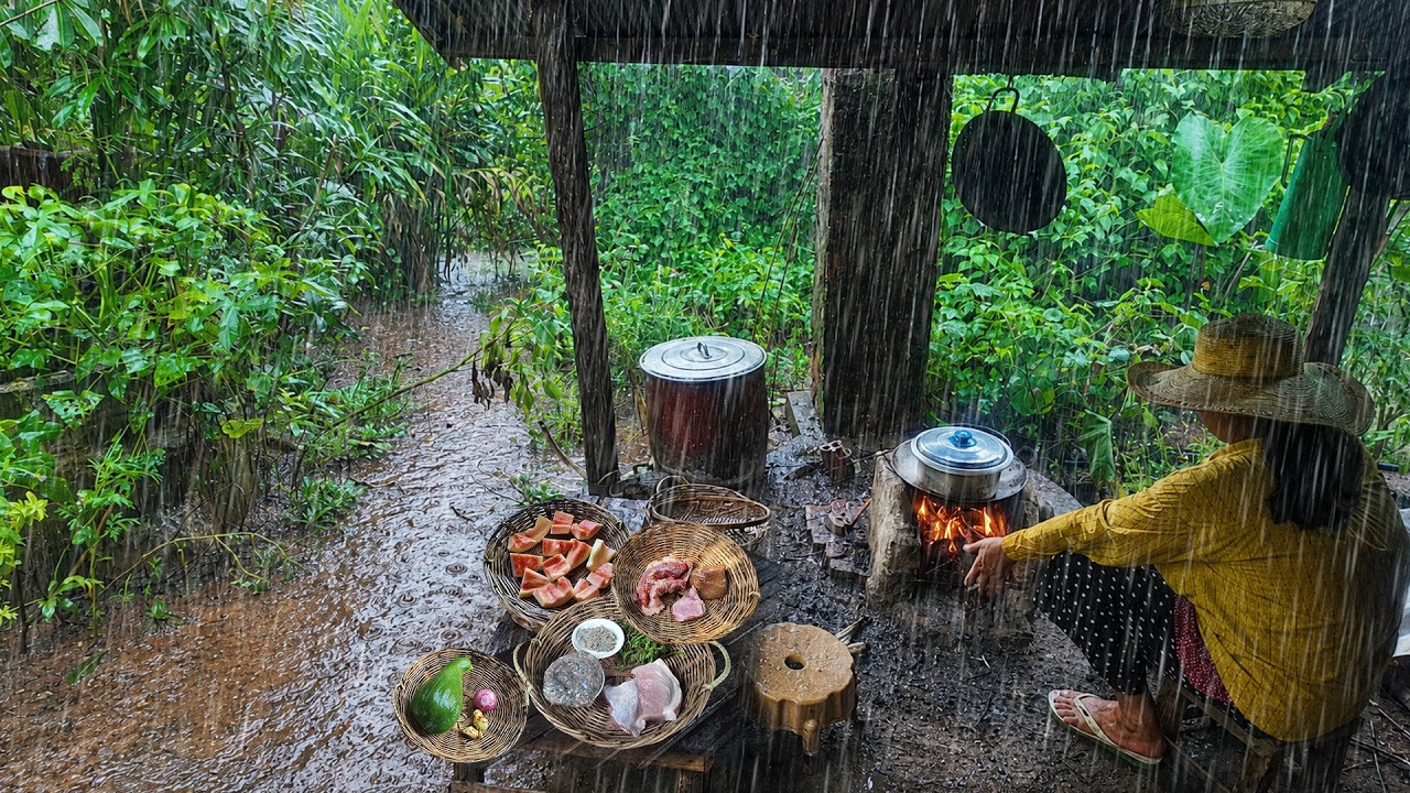 Heavy rainy day cooking in the village, Tasty food in countryside life