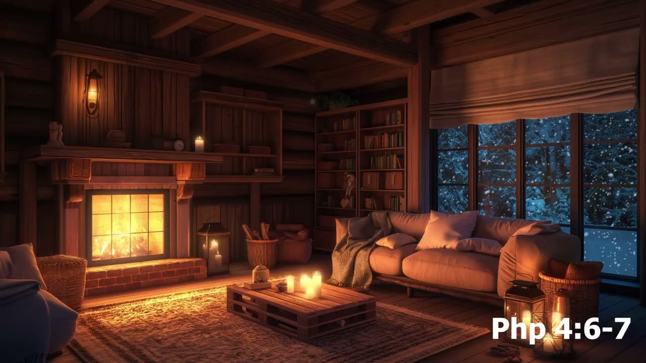 Cozy Winter Cabin Evening | Crackling Fireplace, Candlelight & Snowy Ambience