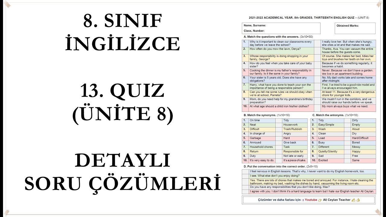 İngilizce, 8. Sınıf, 13. Quiz ve Detaylı Çözümleri (Ünite 8) #Lgs #İngilizce