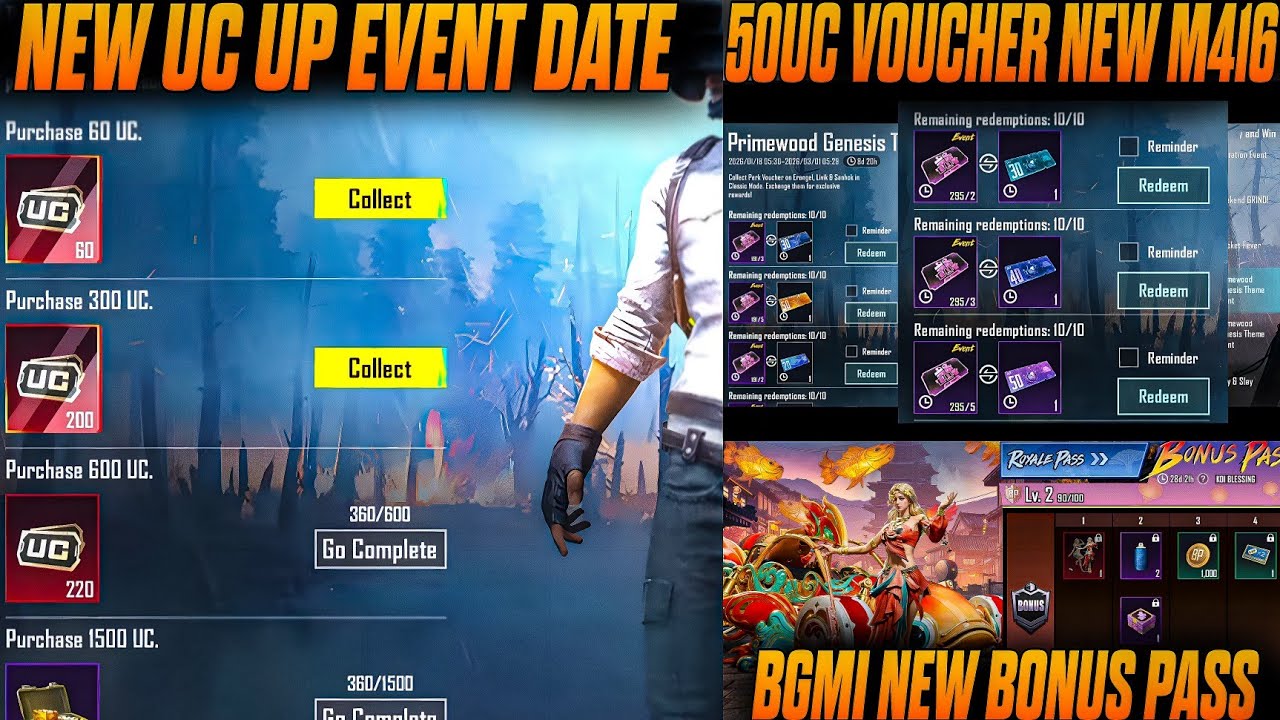 UC UP EVENT OFFICIAL RELEASE DATE IN BGMI😍 M416 50UC VOUCHER IN BGMI 😍A16 BONUS PASS IN BGMI
