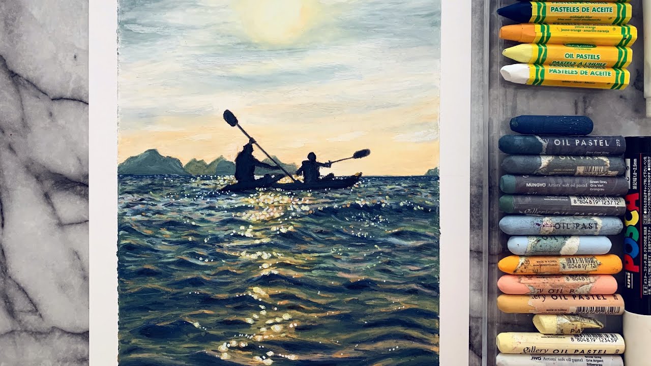 Oil Pastel Drawing : Canoeing in the Sea using Crayola, Mungyo, and Sennelier Oil Pastels 오일파스텔 드로잉