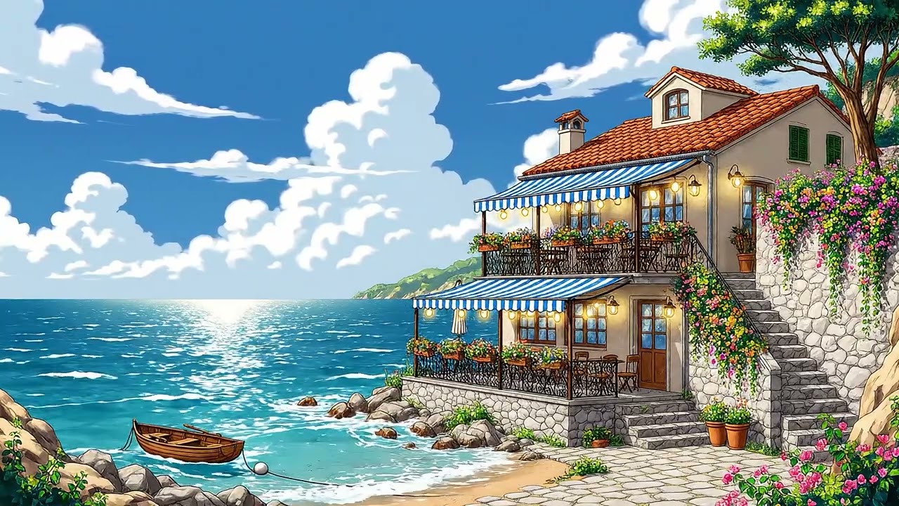Anime Coastal Café Ambience 3 Hours  Lofi Beats + Ocean View