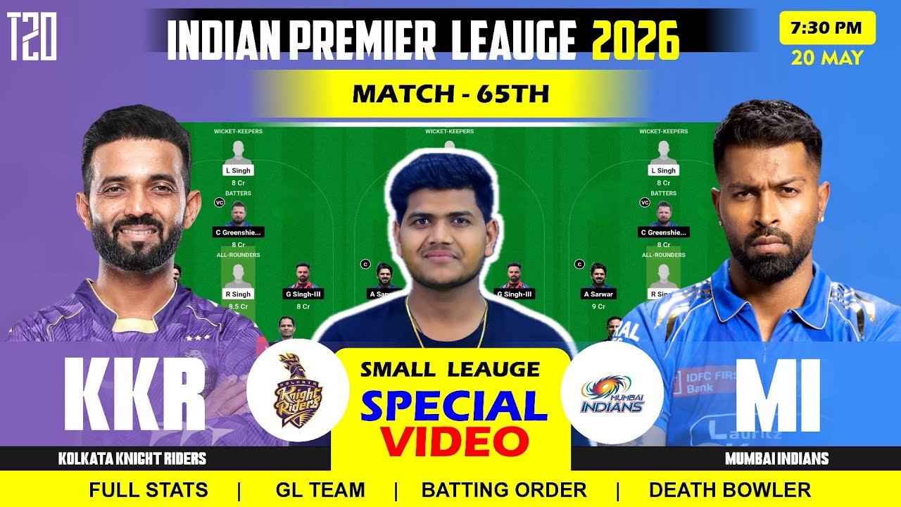 KKR vs MI Team Prediction || Kolkata vs Mumbai Indians Prediction || 65TH IPL Match
