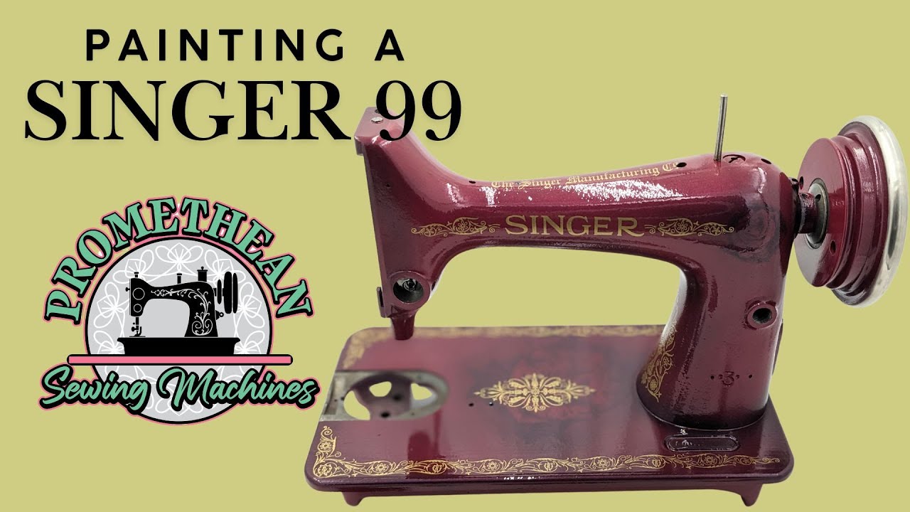 Painting a dramatic burgundy Singer 99 sewing machine