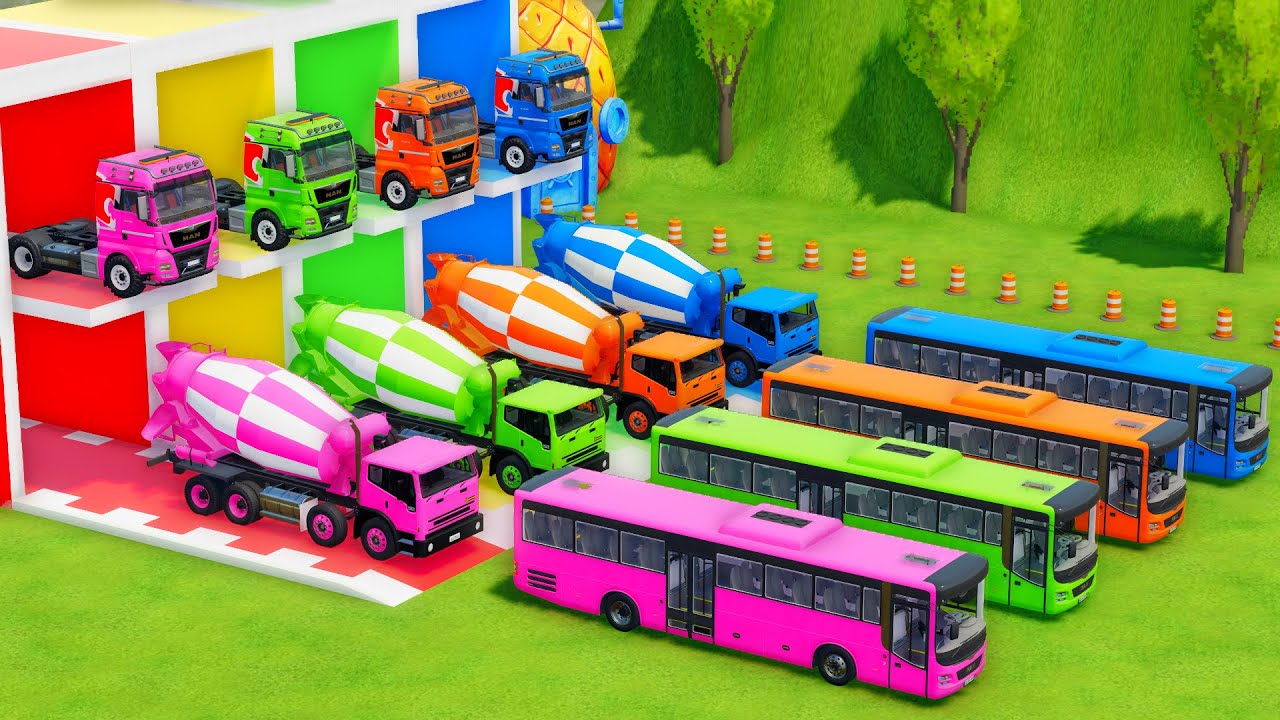Garage with Colors - ALL MIXER TRUCK WITH DOUBLE FLATBED TRAILER TRUCK, MAN, INTERNATIONAL - FS22