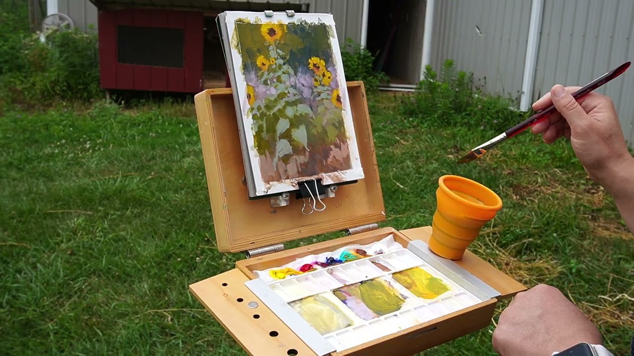 Timelapse of Rachel Dowd Plein Air Painting Sunflowers in Gouache