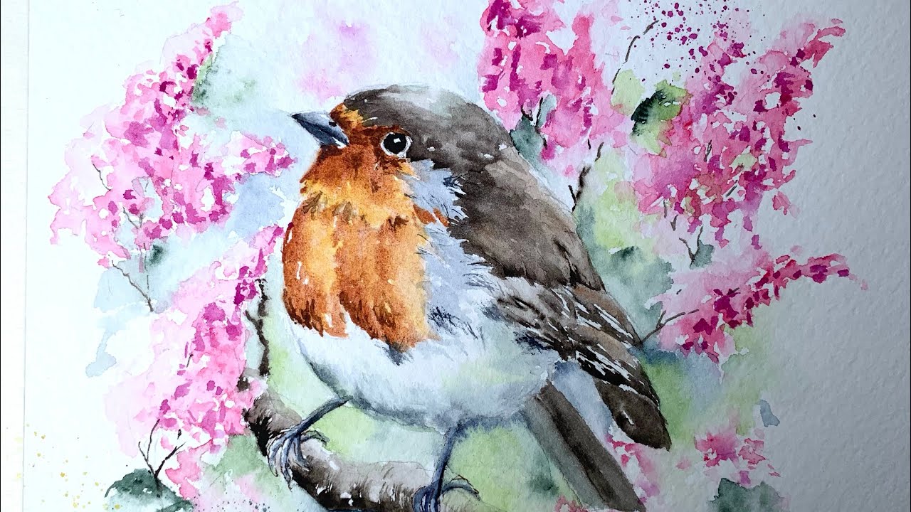 Watercolor robin on lilac bush paint along demo tutorial