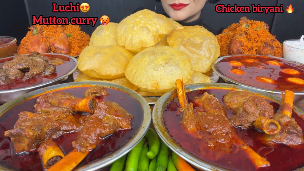 ASMR EATING HYDERABADI CHICKEN BIRYANI,PURI,SPICY MUTTON CURRY,EGG CURRY,BANGALI STYLE MUTTON CURRY 