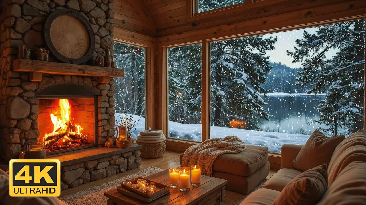 Winter Day at a Cozy Room Lakeside View Ambience ❄️Calm Piano Music & Warm Fireplace to Relax