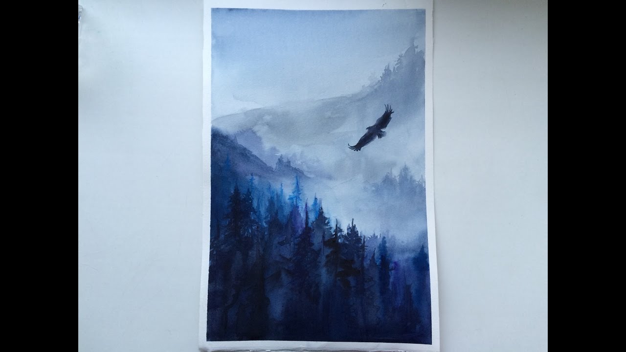 Watercolour painting. Landscape, mist, fog forest, eagle. Рисуем акварелью.
