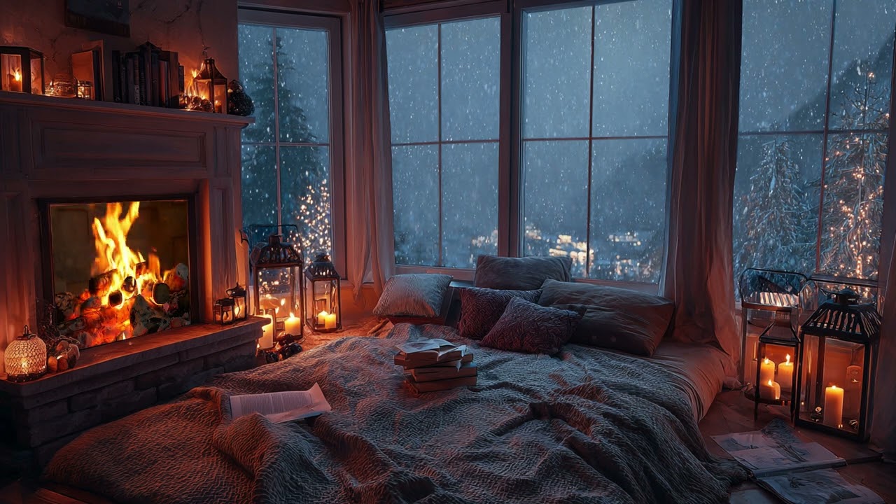 Snowlit Fireside Living Room Ambience | Window Snowfall, Warm Hearth Glow & Calm Night Rest