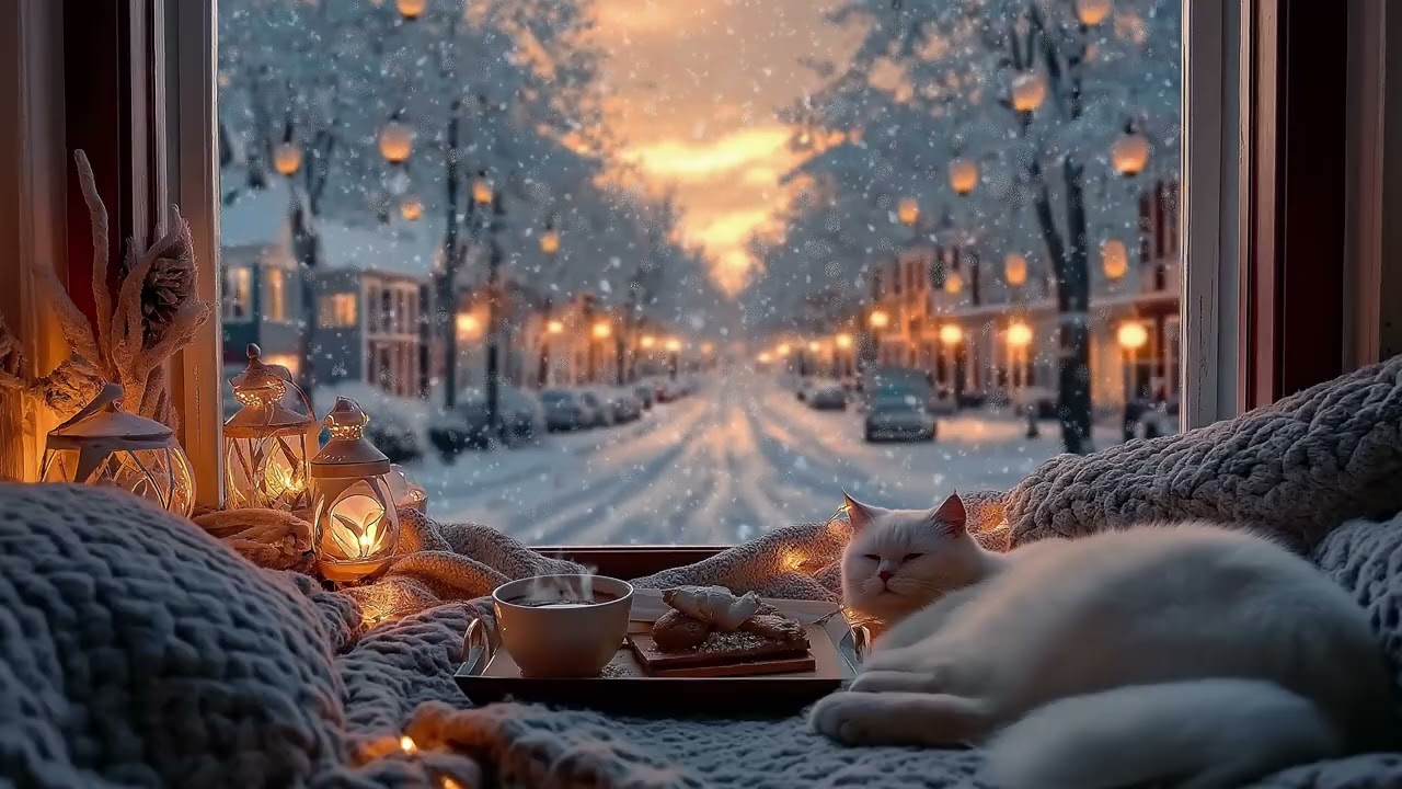 ❄️Peaceful Piano Snow Cabin | White Cat by Fireplace for 3 Hours | Stress Free Study Work Meditation