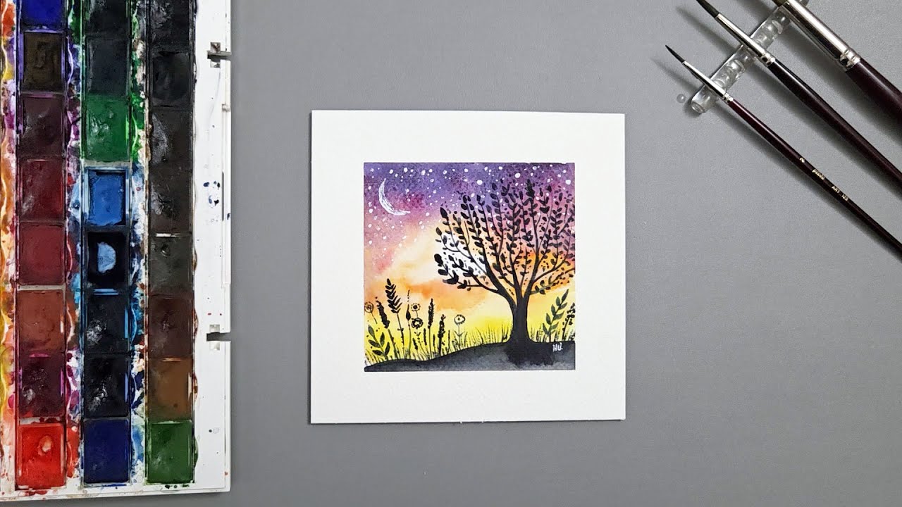 Easy Watercolor Silhouette Landscape | Tree, Flowers & Starry Sky