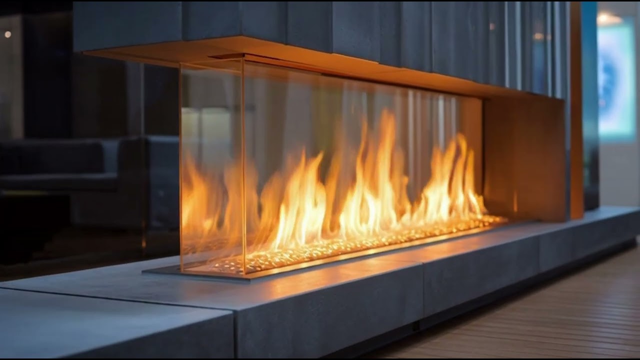 Modern Glass Fireplace Ambience Cozy Minimalist Interior | Warm Fire Sounds