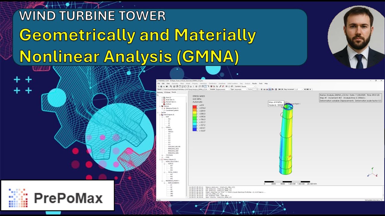 Учебное пособие PrePoMax GMNA – Башня ветряной турбины (геометрически и материально нелинейный ан...