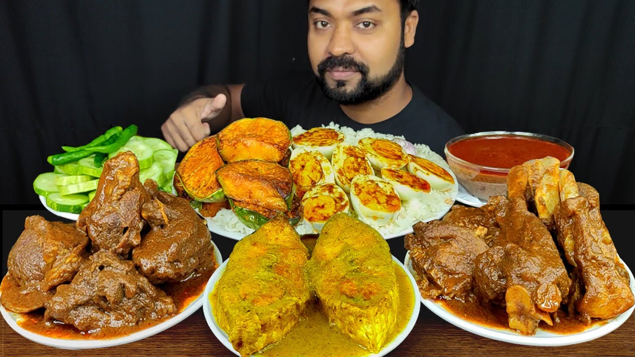 SPICY MUTTON CURRY, BRINJAL FRY, HILSA FISH CURRY, EGGS, GRAVY, SALAD MUKBANG ASMR EATING SHOW |