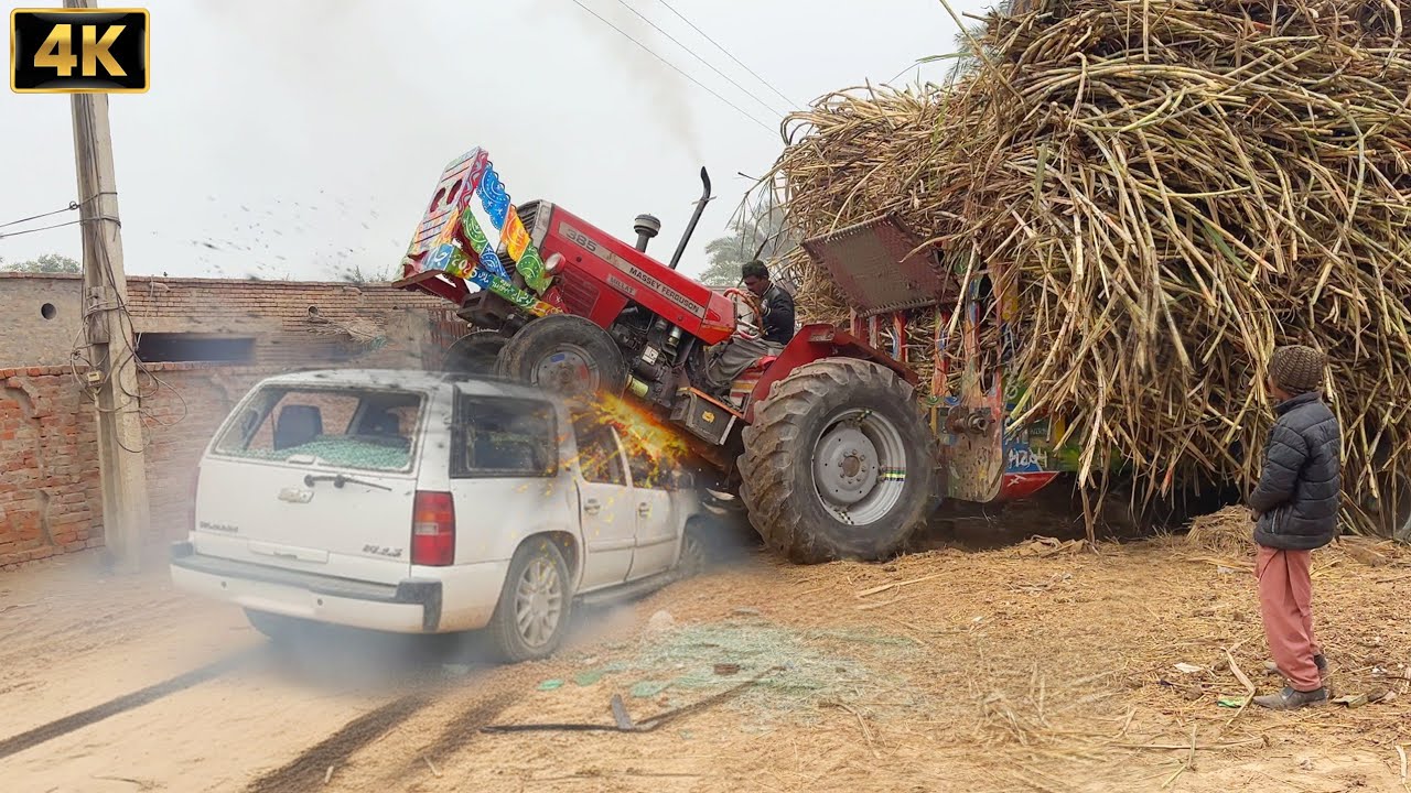 MF 385 and Al Ghazi Tractor 🚜 Amazing Power🔥| Sugarcane Trolley Heavy Load Performance 4K | Falak 4K