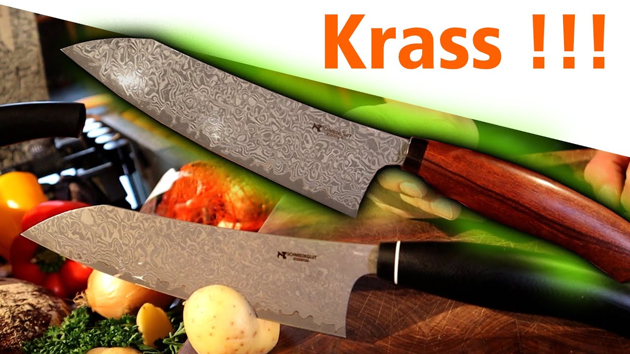 Die besten Damast K&uuml;chenmesser unter 200,-&euro; | Schmiedeglut Essential Santoku, Brotmesser, Kneipchen