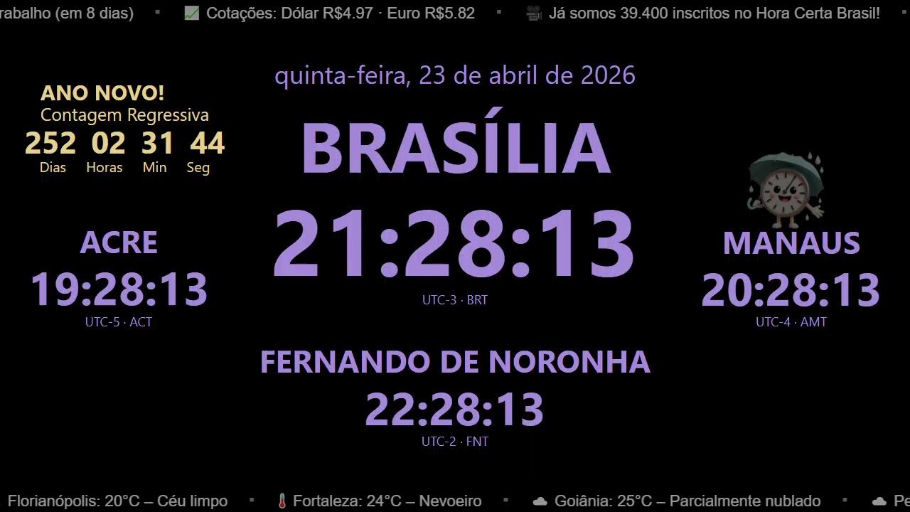 🕒🌧️LIVE Hora Certa 24/7 | RELÓGIO ao Vivo UTC-3 – Horário de Brasília AO VIVO