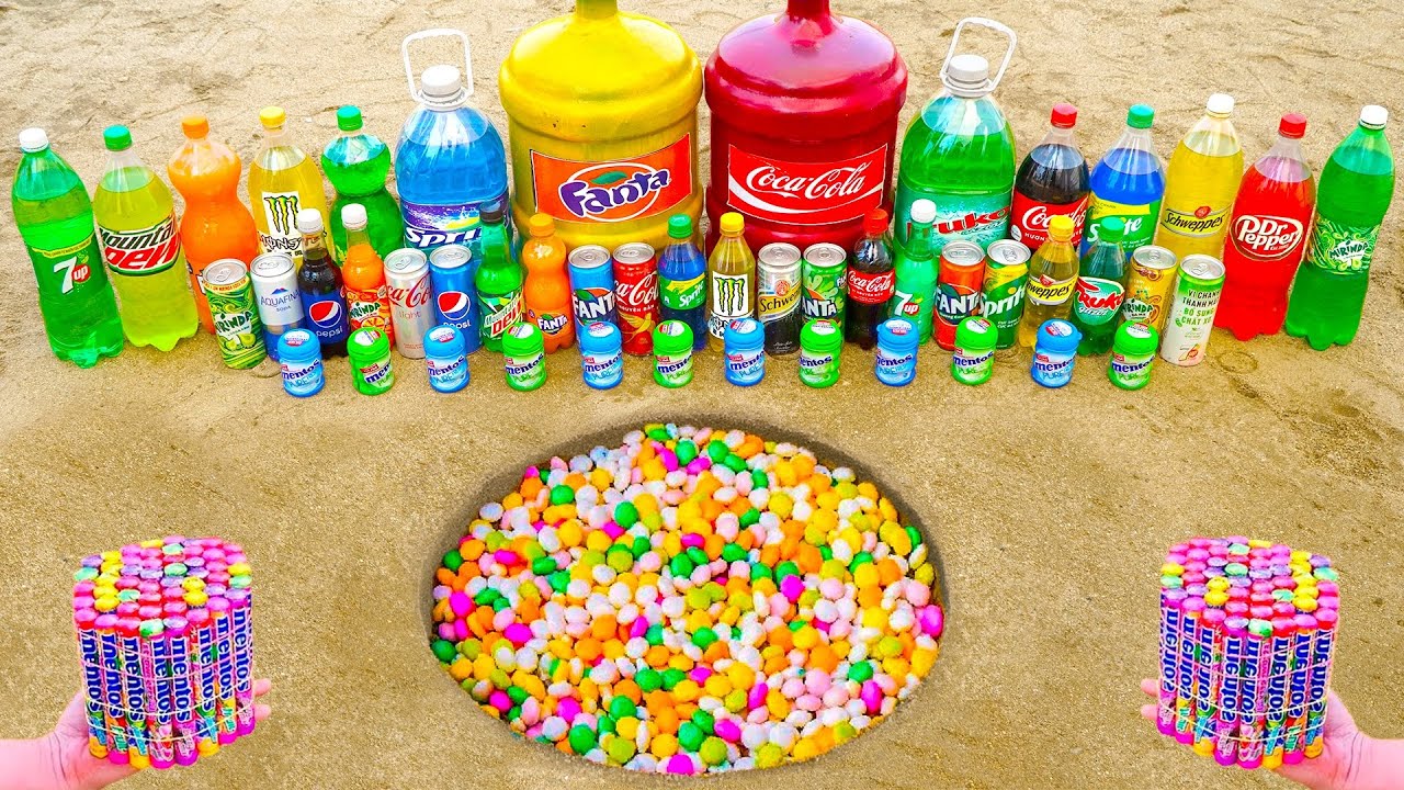 Experiment: Giant Coca Cola, Pepsi, Mtn Dew, 7up, Mirinda, Fanta vs Mentos in Underground