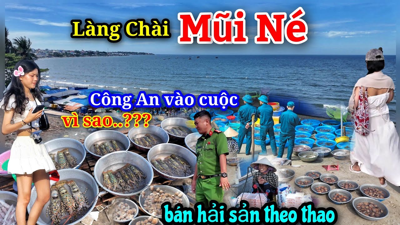 Hải sản bán theo thao trên bãi biển - Công An đến làng chài Mũi Né có việc gì?