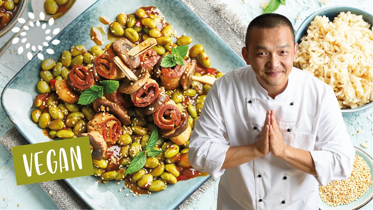 Edamame mit Pilzen und Tofu mit pikanter Sauce | Die perfekte Kombination😍