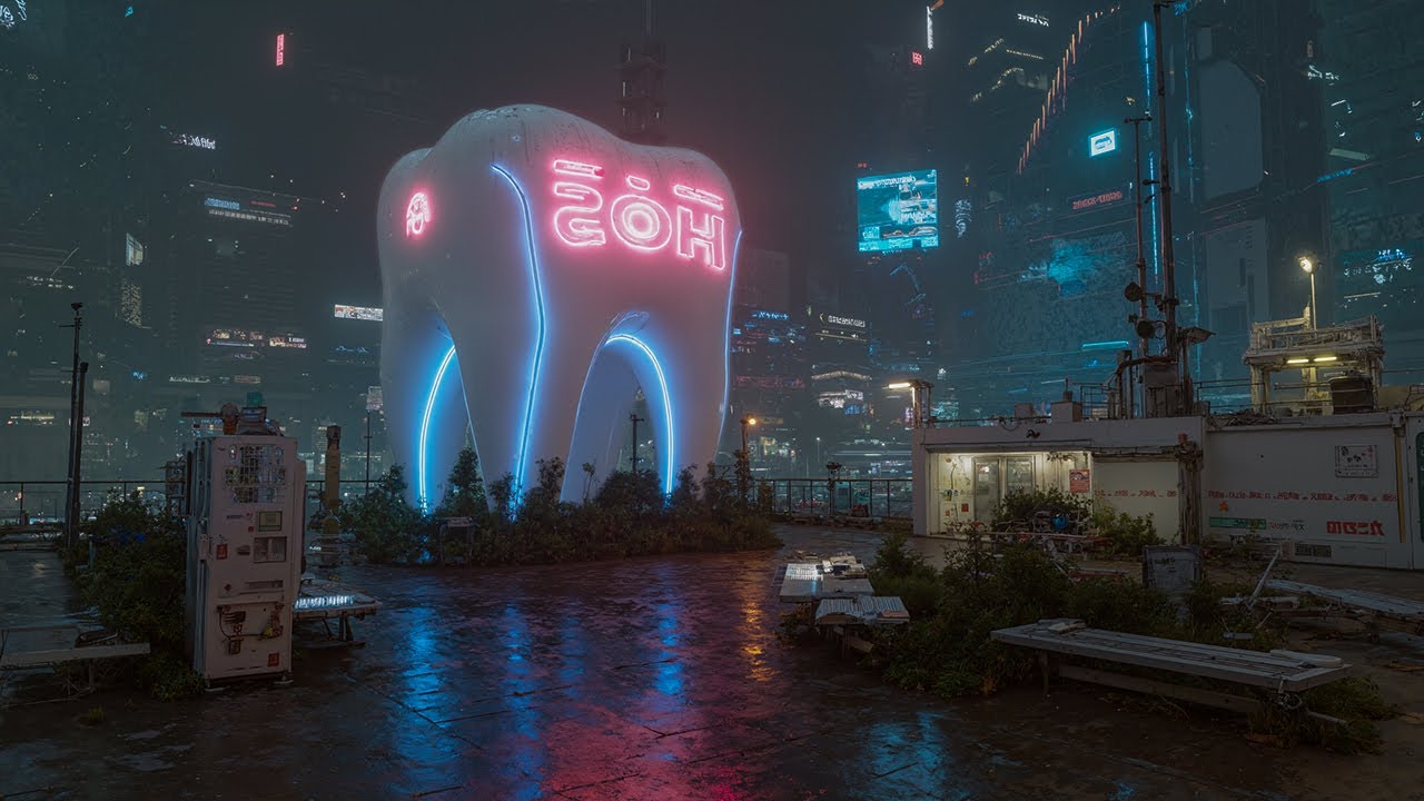 Cyberpunk Dental Clinic at Night | Futuristic Neon City Ambience with Rain Sounds | 4K [2OH]