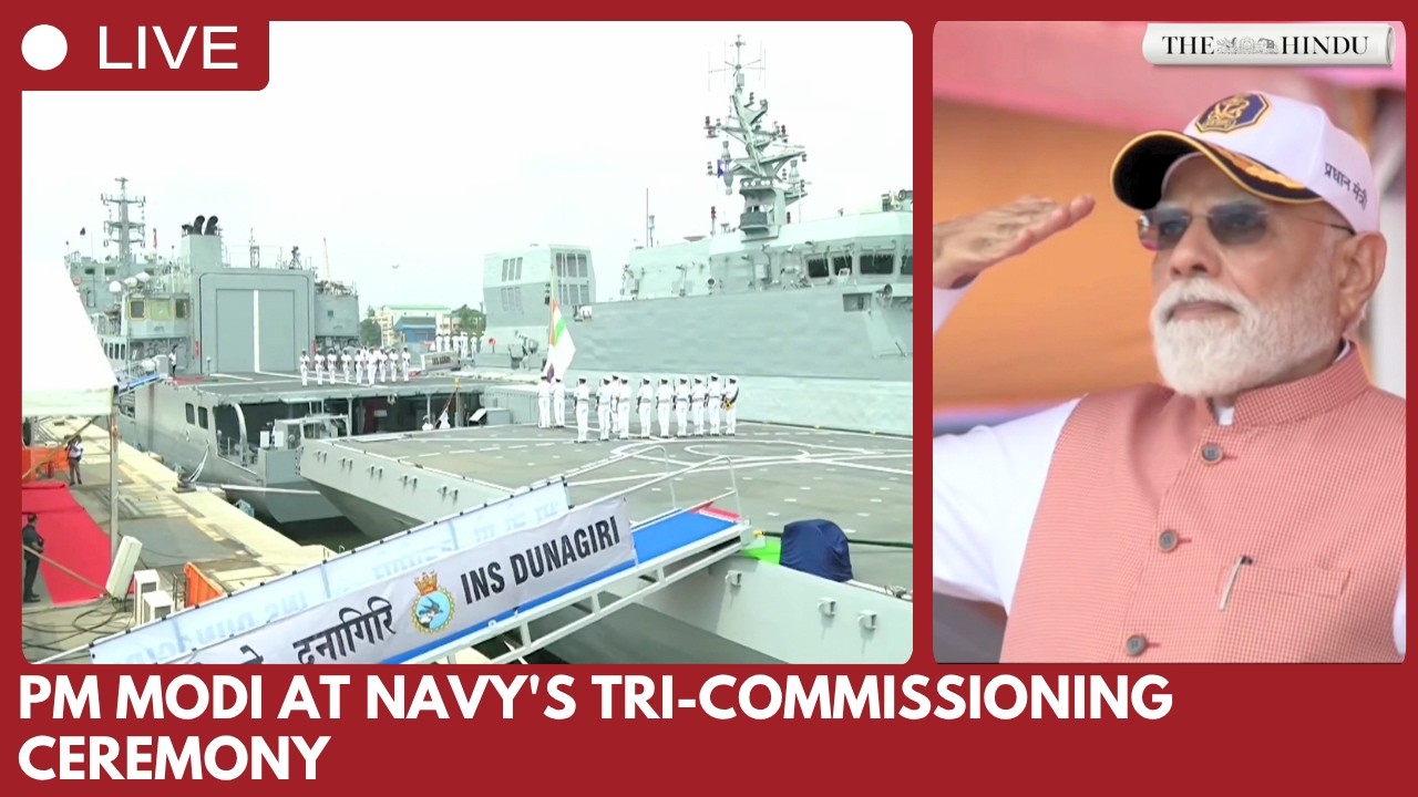 PM participates in a Tri-Commissioning ceremony of INS Dunagiri, INS Sanshodhak & INS Agray