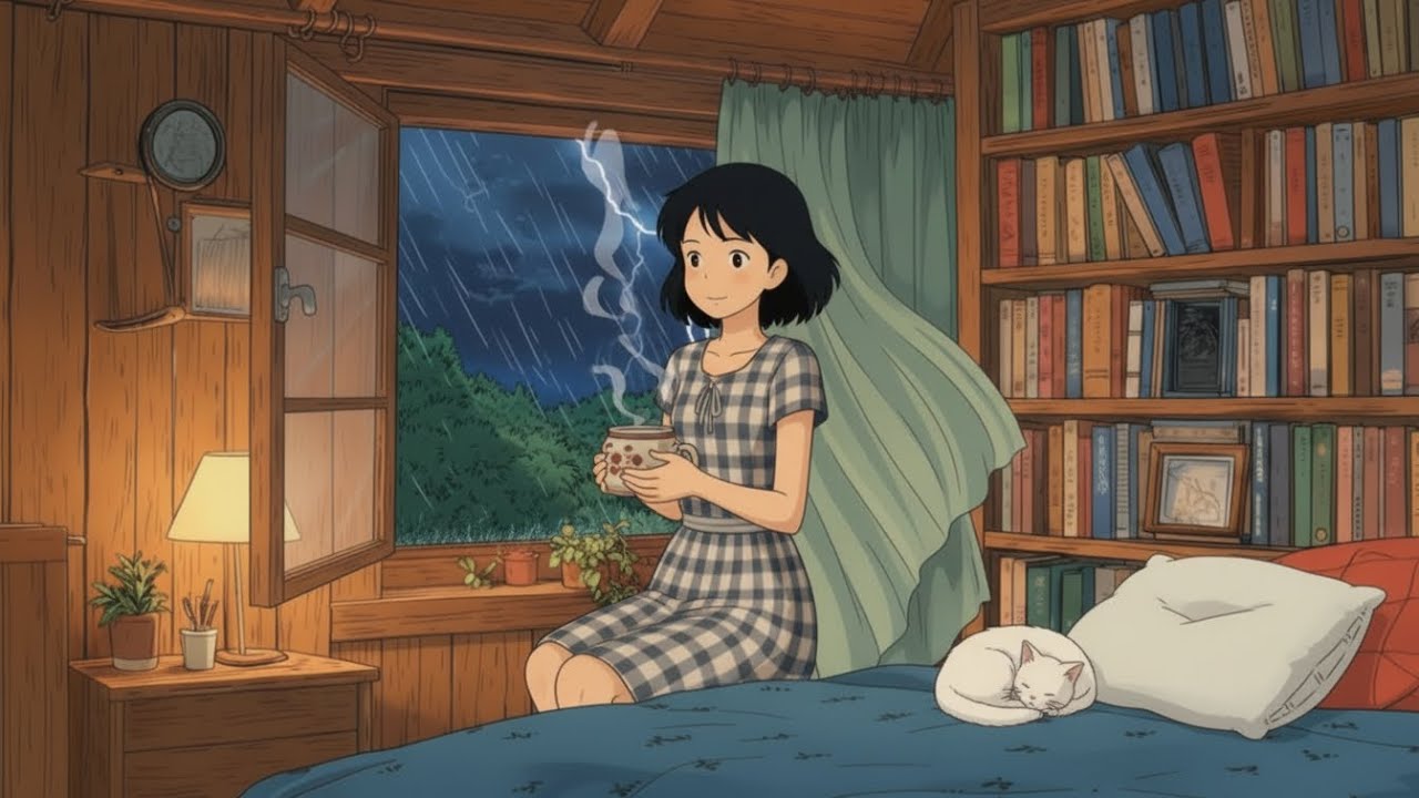 The Rain Fallas Softly Outside While | Stay Inside My Small and Cozy Room, Turn on the Light,