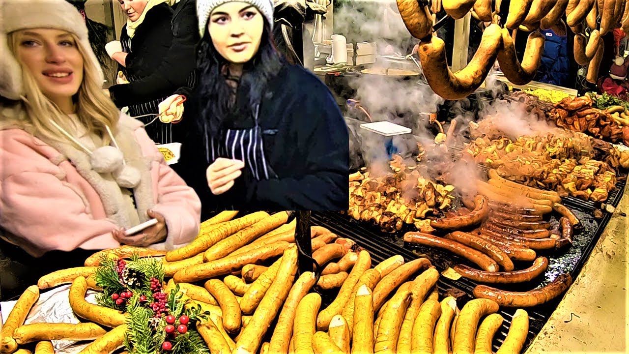 Street Food in Krakow, Poland. Orgy of Grilled Meat. Christmas Food Market