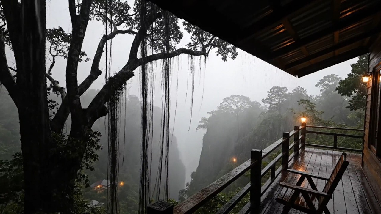 Heavy Rain on a Forest Cabin Balcony | Fall Asleep Fast & Stay Asleep