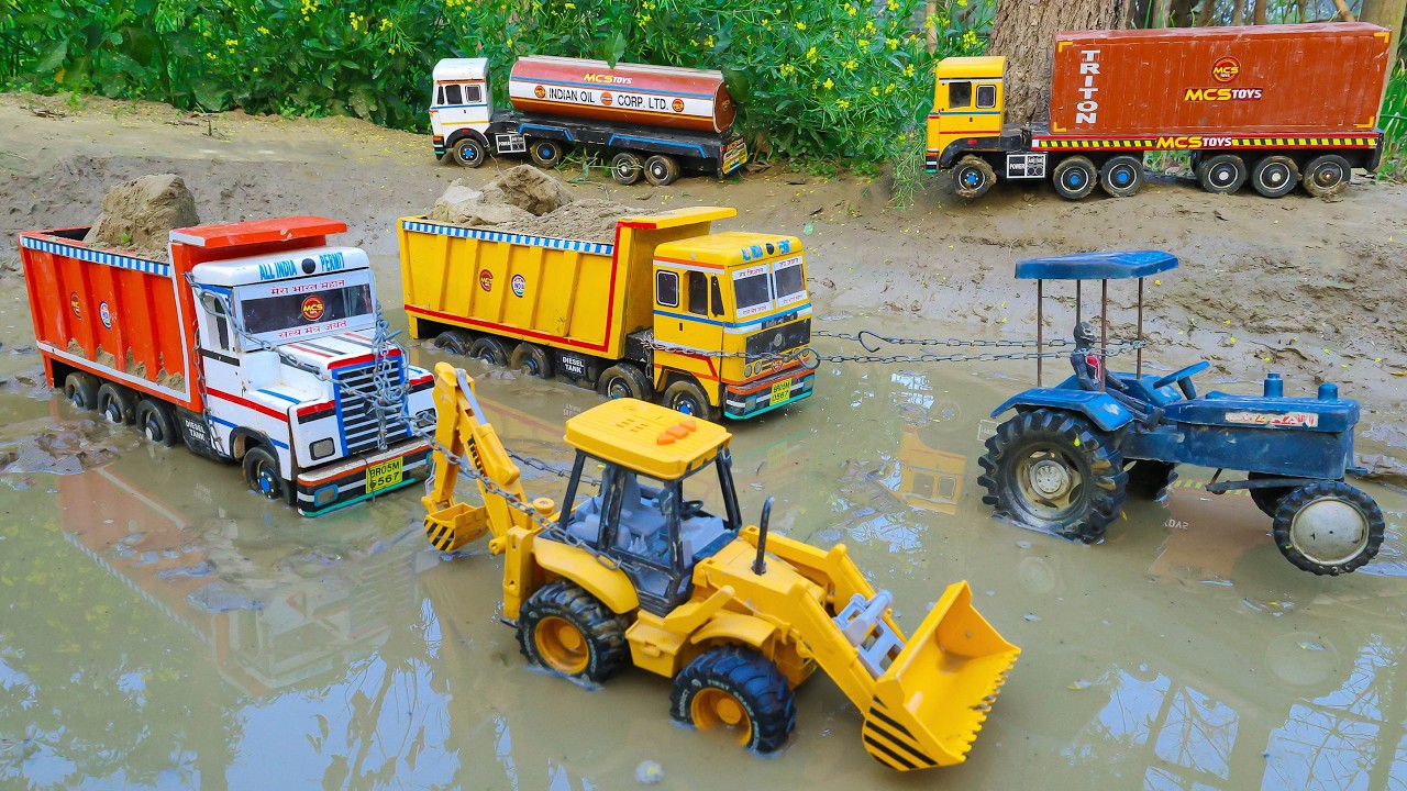 BharatBenz Dumper Tata Truck Muddy Accident Pulling Out JCB 3DX Swaraj Tractor | Jcb Tractor Cartoon