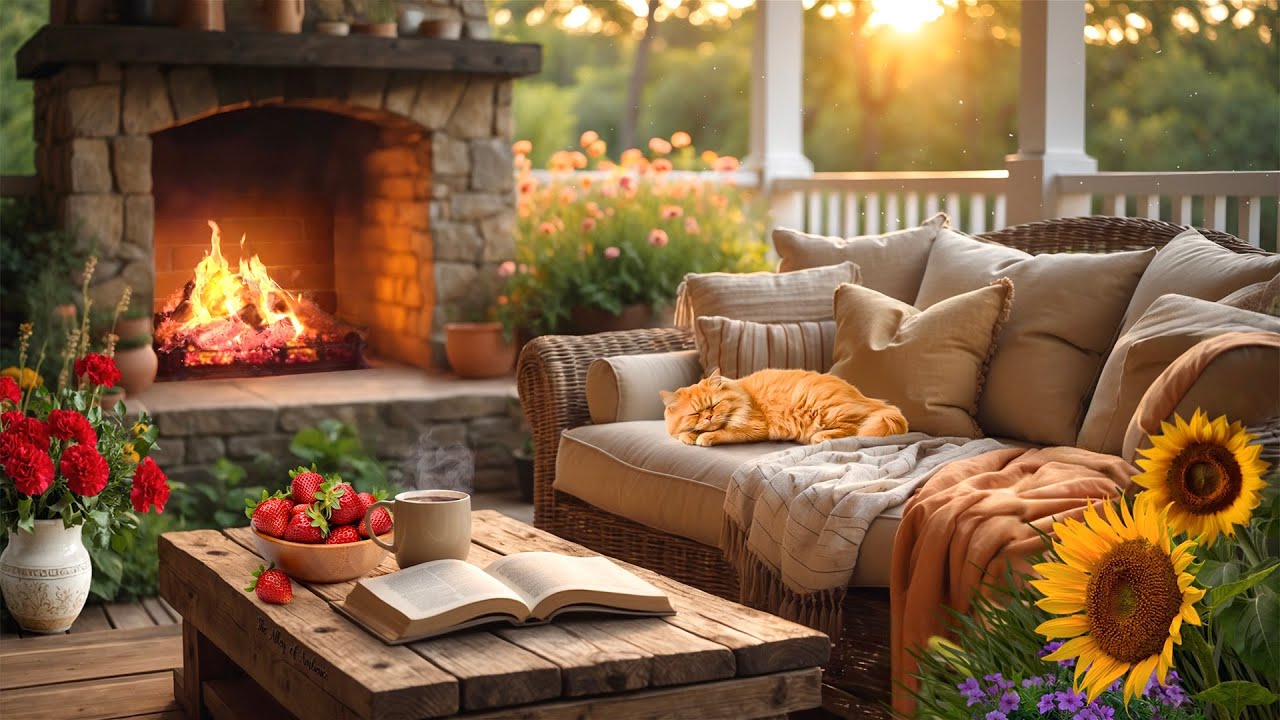 Cozy Terrace Ambience 🌻 Fireplace & Nature Sounds for Relaxation, Reading & Sleep